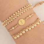 Pulsera Oro 18k Magramé Con Esferas Lisas 4mm Hilo Café - Imagen 2